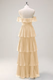 Dusty Sage A Line Off the Shoulder Tiered  Pleated Long Bridesmaid Dress with Slit