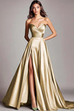 Dusty Sage Strapless A Line Ruched Satin Long Prom Dress with Slit