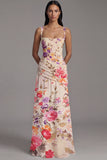 Floral Ruched Ivory Square Neck A Line Formal Dress
