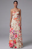 Printed Spaghetti Straps Black A Line Floral Dress