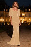 Navy Mermaid Square Neck Puff Sleeves Velvet Long Formal Dress