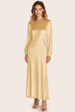 Ivory Satin Scoop Neck A-Line Ankle Length Formal Dress with Long Sleeves