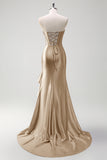 Sparkly Champagne Mermaid Strapless Ruffle Corset Satin Long Prom Dress with Slit