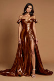 Golden Off The Shoulder A Line Prom Dress With Slit