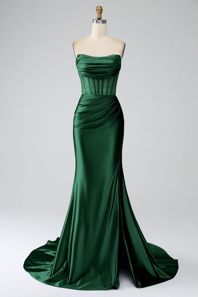 Load image into Gallery viewer, Dark Green Mermaid Strapless Corset Long Prom Dress with Slit
