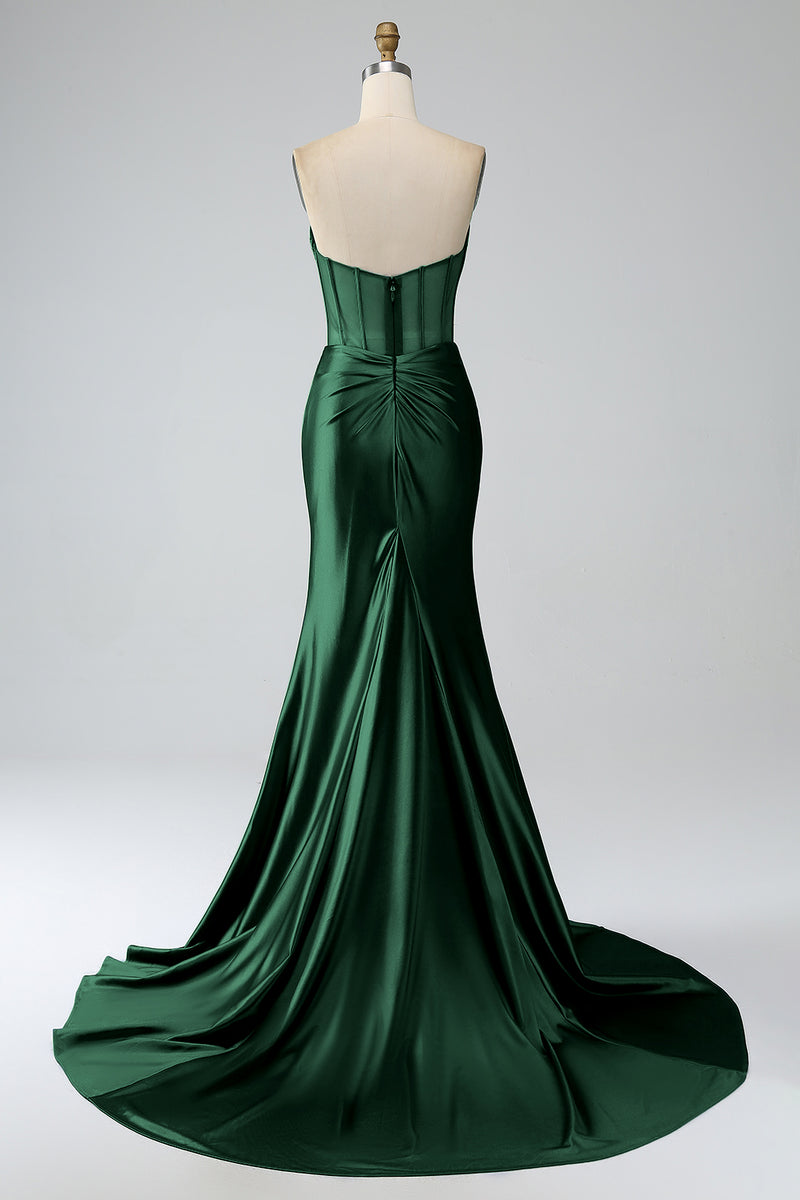 Load image into Gallery viewer, Dark Green Mermaid Strapless Corset Long Prom Dress with Slit