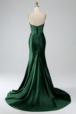 Dark Green Mermaid Strapless Corset Long Prom Dress with Slit