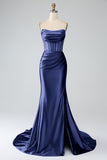 Royal Blue Mermaid Strapless Corset Long Prom Dress with Slit