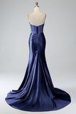 Royal Blue Mermaid Strapless Corset Long Prom Dress with Slit