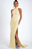 Sky Blue Halter Satin Mermaid Formal Dress with Slit