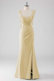 Dusty Blue Ruffled Sheath Lace-Up Back Long Bridesmaid Dress with Slit
