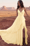 Ivory Spaghetti Straps A-Line Floor Length Ruffled Boho Wedding Dress with Slit