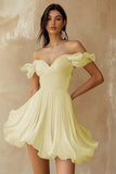 A Line Ruffled Off the Shoulder Pleated White Graduation Dress
