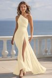 Ivory One Shoulder Ruched Maxi Beach Engagement Dress with Slit