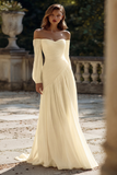 Off The Shoulder Ivory Ruched A Line Wedding Dress