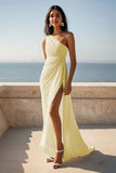 One Shoulder Ruched Ivory Maxi Sheath Beach Engagement Dress with Slit