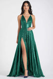 Sparkly Navy A-Line Spaghetti Straps Sequins Long Prom Dress with Slit