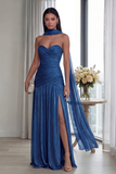 Dusty Sage Strapless A Line Pleated Long Formal Dress with Slit