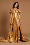 Golden Off The Shoulder A Line Prom Dress With Slit