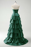 Green Sweetheart Princess Satin Tiered Long Corset Prom Dress with Slit