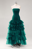 Black Strapless Tulle Tiered Ruffled Formal Dress with Slit