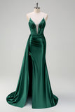 Dark Green Mermaid V-Neck Watteau Train Corset Beaded Prom Dress with Slit