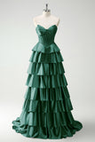 Green Sweetheart Princess Satin Tiered Long Corset Prom Dress with Slit