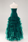 Black Strapless Tulle Tiered Ruffled Formal Dress with Slit