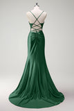 Sparkly Dark Green Mermaid Spaghetti Straps Beaded Corset Satin Long Prom Dress with Slit