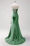 Sparkly Champagne Mermaid Strapless Ruffle Corset Satin Long Prom Dress with Slit