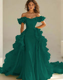 Yellow Off The Shoulder Mermaid Ruffles Satin Prom Dress