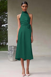 Pink A Line Halter Tea Length Satin Formal Dress