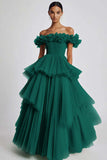 Dusty Sage Off The Shoulder A Line Ruffles Prom Dress