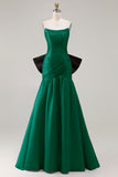 Strapless Fuchsia A-Line Convertible Satin Long Prom Dress with Large Bow