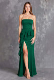 Black Strapless Ruffled Long Formal Dress with Slit