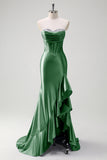 Sparkly Champagne Mermaid Strapless Ruffle Corset Satin Long Prom Dress with Slit