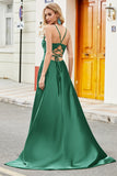 Trendy A Line Spaghetti Straps Peacock Green Long Prom Dress with Appliques