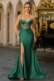 Dusty Blue Mermaid Beaded Corset Sequins Long Prom Dress with Slit