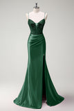 Sparkly Dark Green Mermaid Spaghetti Straps Beaded Corset Satin Long Prom Dress with Slit