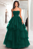 Princess Black Strapless Tulle Tiered Ruched Long Prom Dress