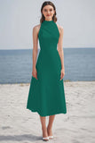 Simple Ivory High Neck Satin Midi Engagement Dress