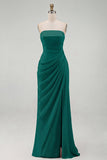 Light Pink Strapless Sheath Ruched Long Prom Dress with Slit