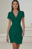 Ivory V-Neck Pleated Work Dress with Short Sleeves