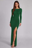 Black Jersey Long Sleeves Sheath Formal Dress with Slit
