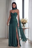 Dusty Sage Strapless A Line Pleated Long Formal Dress with Slit