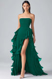Black A Line Ruffles Chiffon Tiered Strapless Formal Dress with Slit