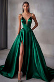 Navy Satin A Line Spaghetti Straps Long Prom Dress with Slit