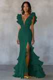 Yellow V-Neck Mermaid Ruffles Formal Dress with Slit