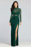 Black Sheath High Neck Long Sleeve Formal Dress with Slit