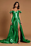 Golden Off The Shoulder A Line Prom Dress With Slit